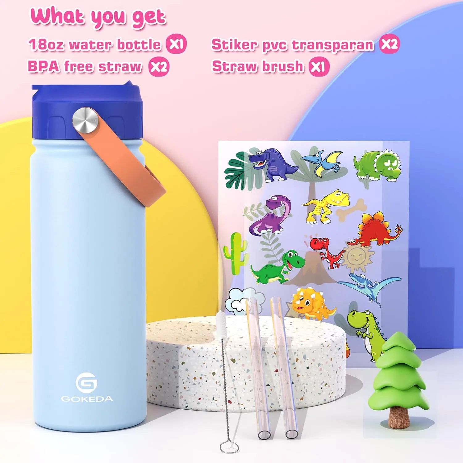 18oz Kids Water Bottle, Insulated Water Bottles with Stickers, 18/8 Stainless Steel Vacuum Leak Proof Straw Cup for School, Gifts for Boys(Light Blue)