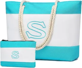 Becokan Initial Beach Bag Waterproof Canvas Beach Tote Bag Zipper Personalized Gifts for Women Her Birthday Travel Essentials