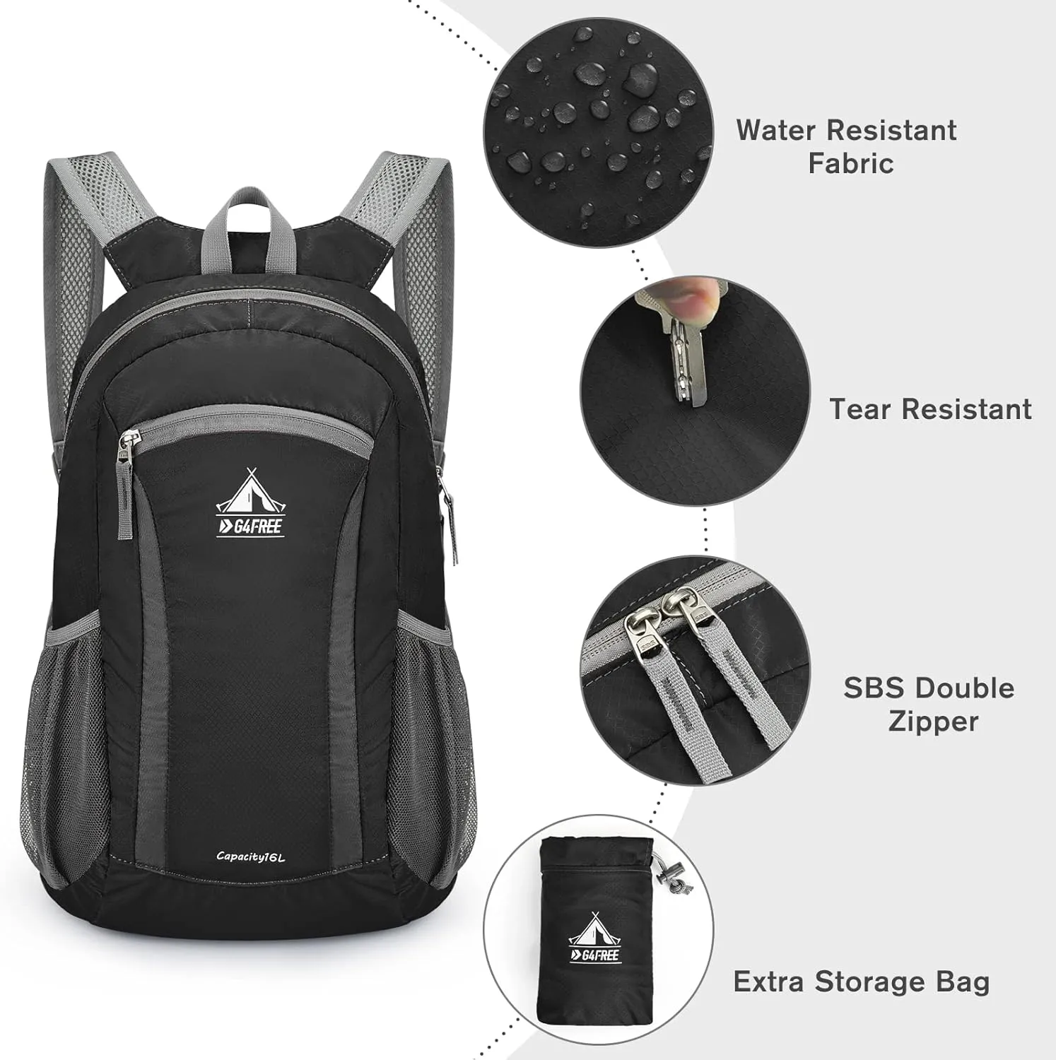 G4Free 16L Hiking Daypack, Lightweight Packable Small Backpack for Travel Camping Outdoor Men Women