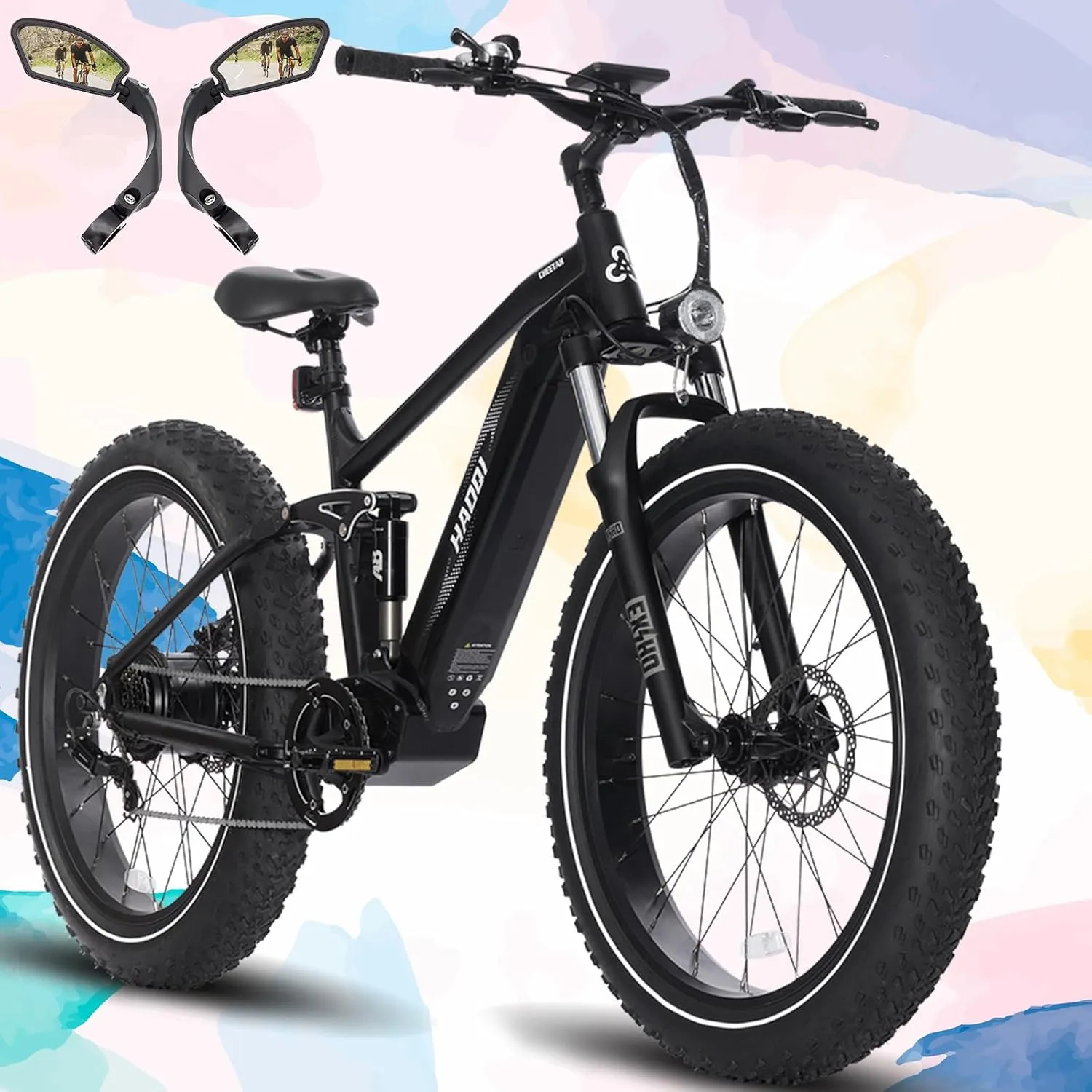 HAOQI Cheetah Electric Bike for Adults, 750W(Peak 1000W) Electric Bike,48V 16AH/25Ah Battery Adult Electric Bicycle,26*4Fat Tire Full Suspension 28MPH Mountain Ebike, 7 Speed Max 85 Miles Range