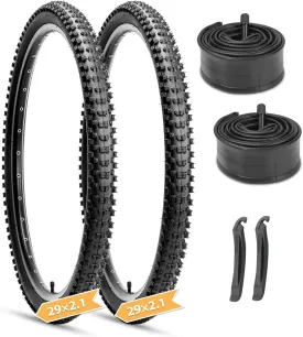 Hycline Mountain Bike Tires Set: 2-Pack 26/27.5/29x2.1 Inch Folding Replacement All-Terrain High-Density Bicycle Tires with Pair Tubes & Tire Levers Compatible for Street Off-Road Riding