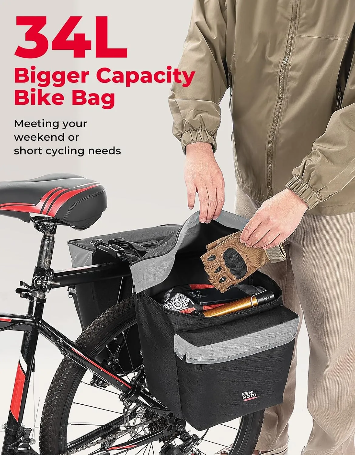 KEMIMOTO Bike Bag Panniers with Rain Cover, 34L Waterproof Bicycle Saddle Bag for Rear Rack Mountain Biking Bags Storage, Ebike Accessories for Commuter Grocery Shopping Travel Carrier, Grey