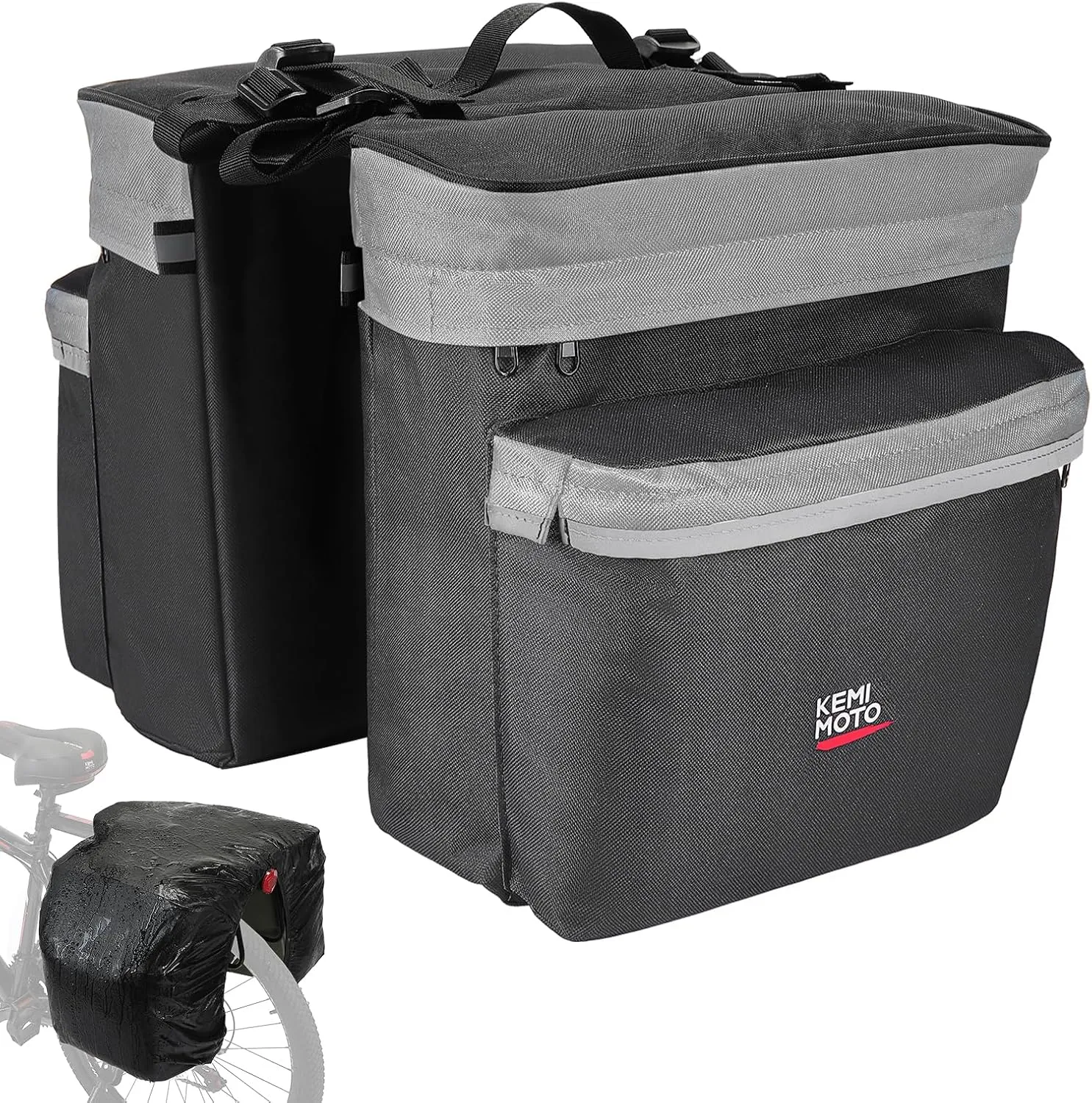 KEMIMOTO Bike Bag Panniers with Rain Cover, 34L Waterproof Bicycle Saddle Bag for Rear Rack Mountain Biking Bags Storage, Ebike Accessories for Commuter Grocery Shopping Travel Carrier, Grey