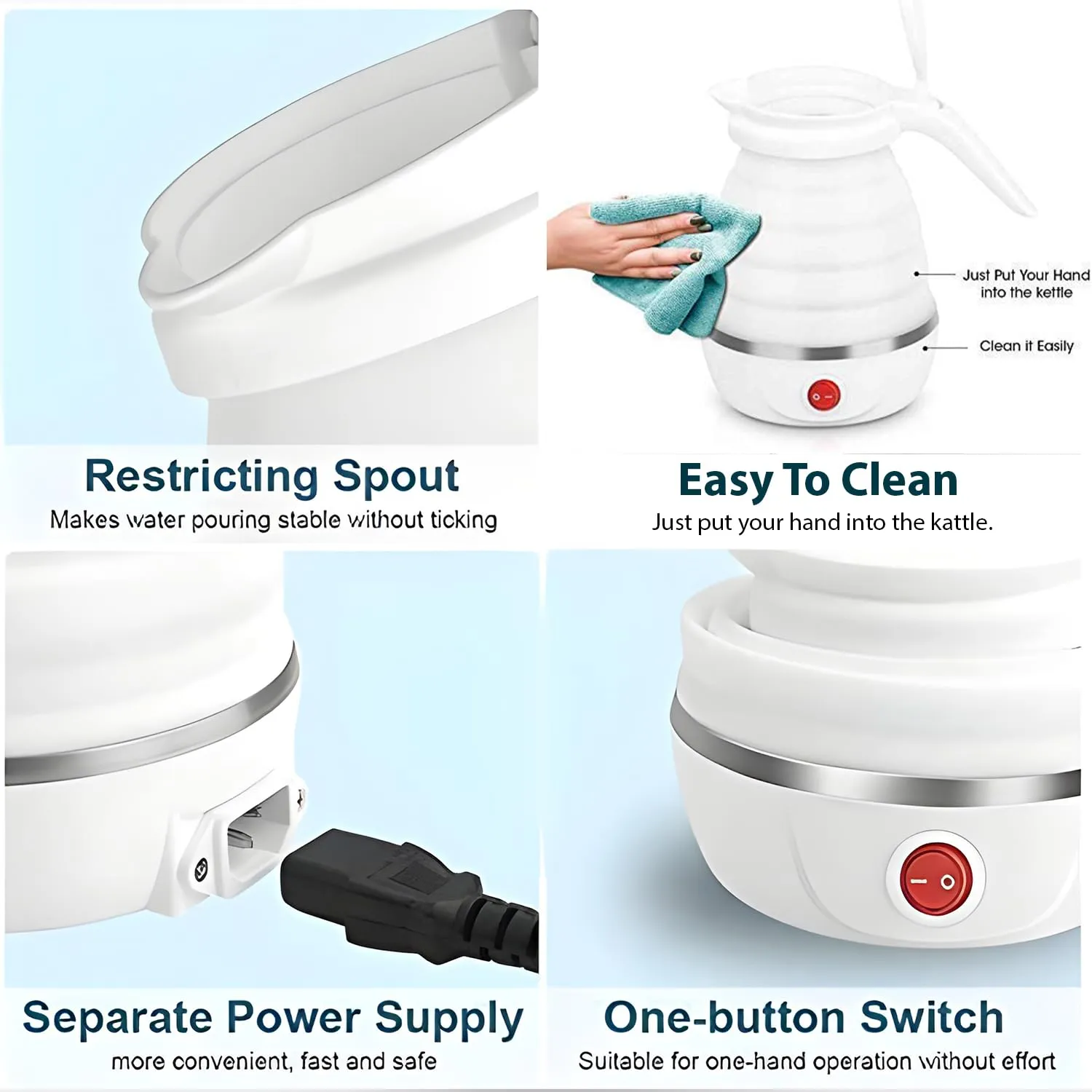 Kuber Industries Foldable Electric Kettle 600 ML | Silicone Body With 304-Stainless Steel Base | Leak Proof Design | Multipurpose Portable Electric Kettle for Travel, Office & Home | 600W | White