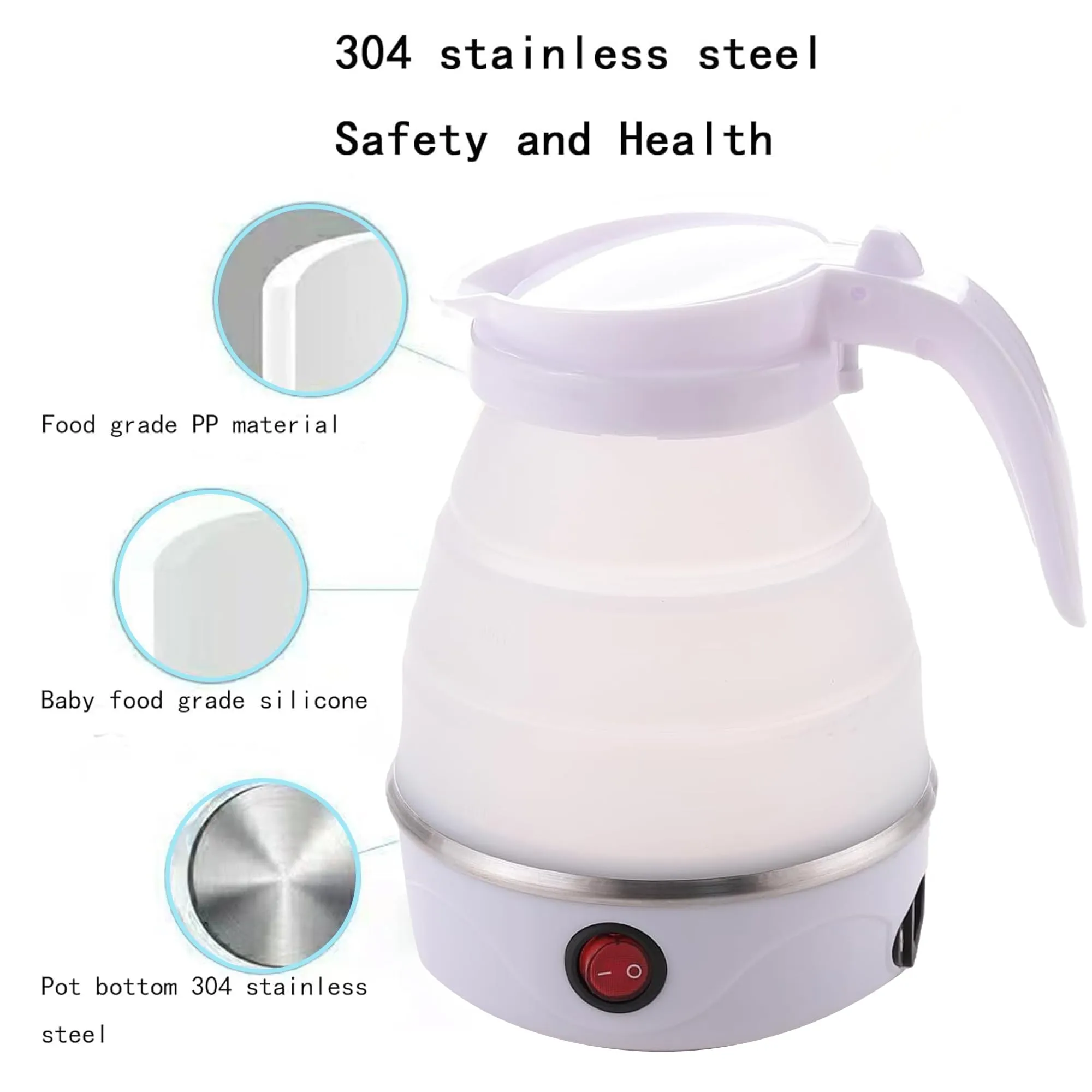 Kuber Industries Foldable Electric Kettle 600 ML | Silicone Body With 304-Stainless Steel Base | Leak Proof Design | Multipurpose Portable Electric Kettle for Travel, Office & Home | 600W | White