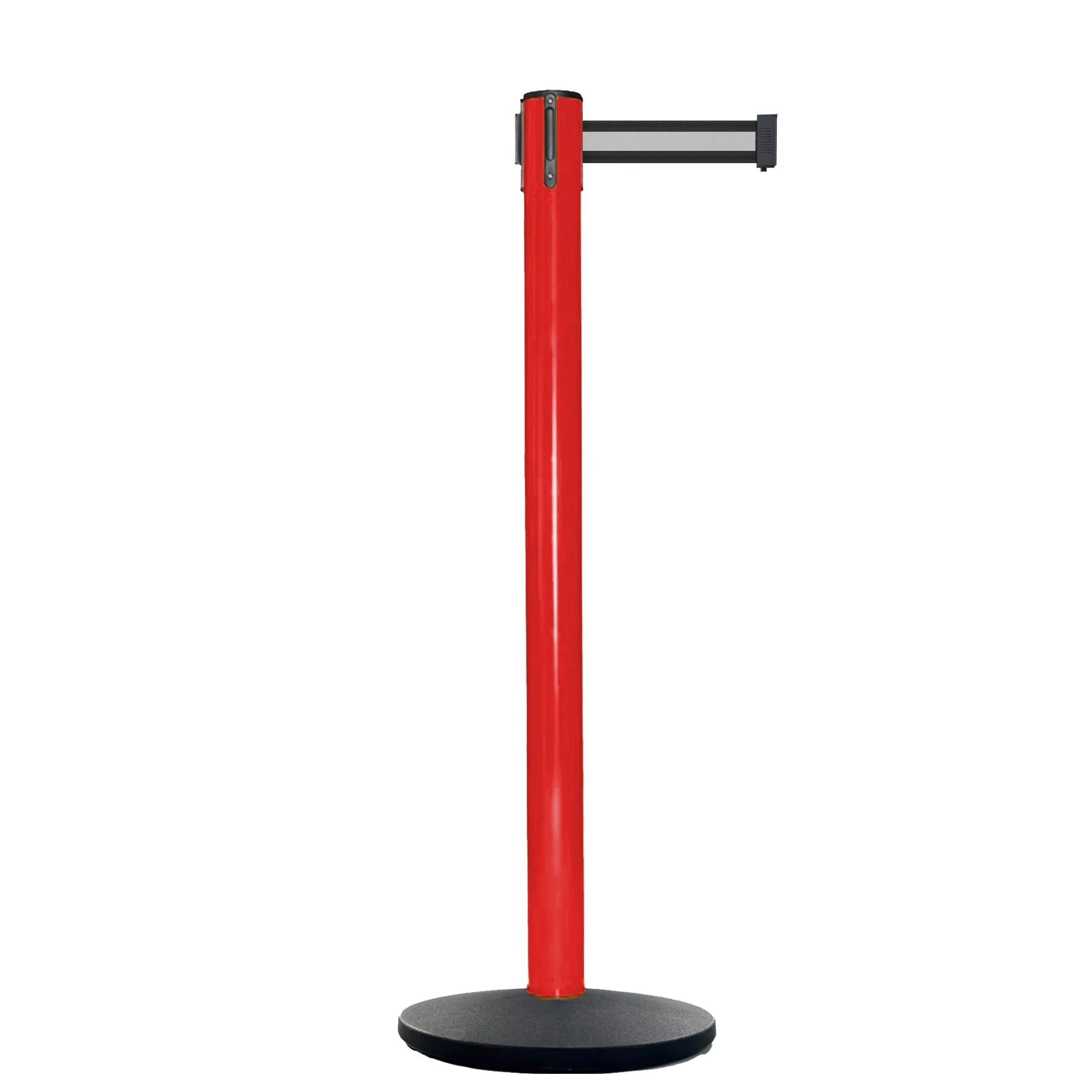 Retractable Belt Barrier Stanchion, Red Post, Cast Iron Base, 13 Ft. Belt - Montour Line MSI630