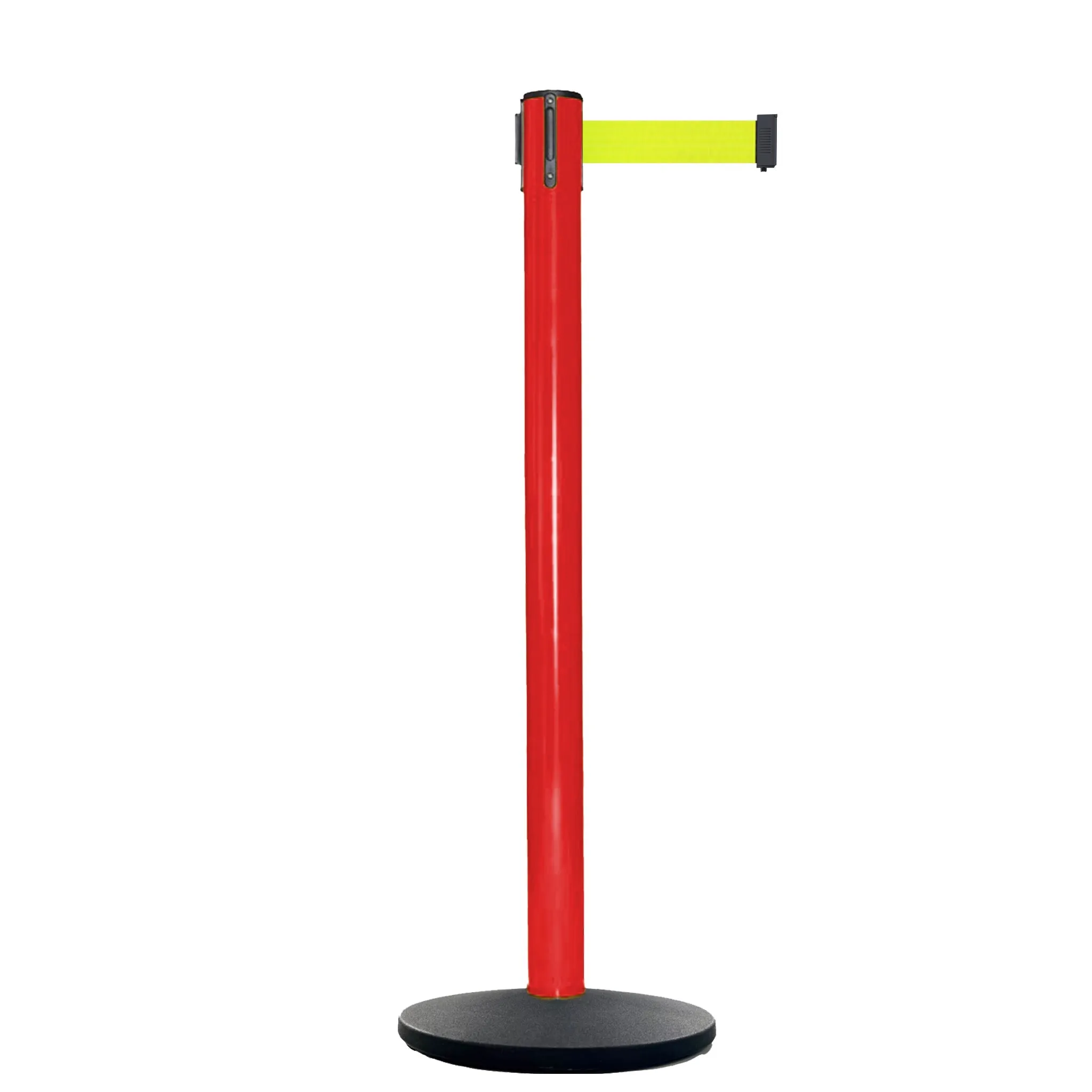 Retractable Belt Barrier Stanchion, Red Post, Cast Iron Base, 13 Ft. Belt - Montour Line MSI630
