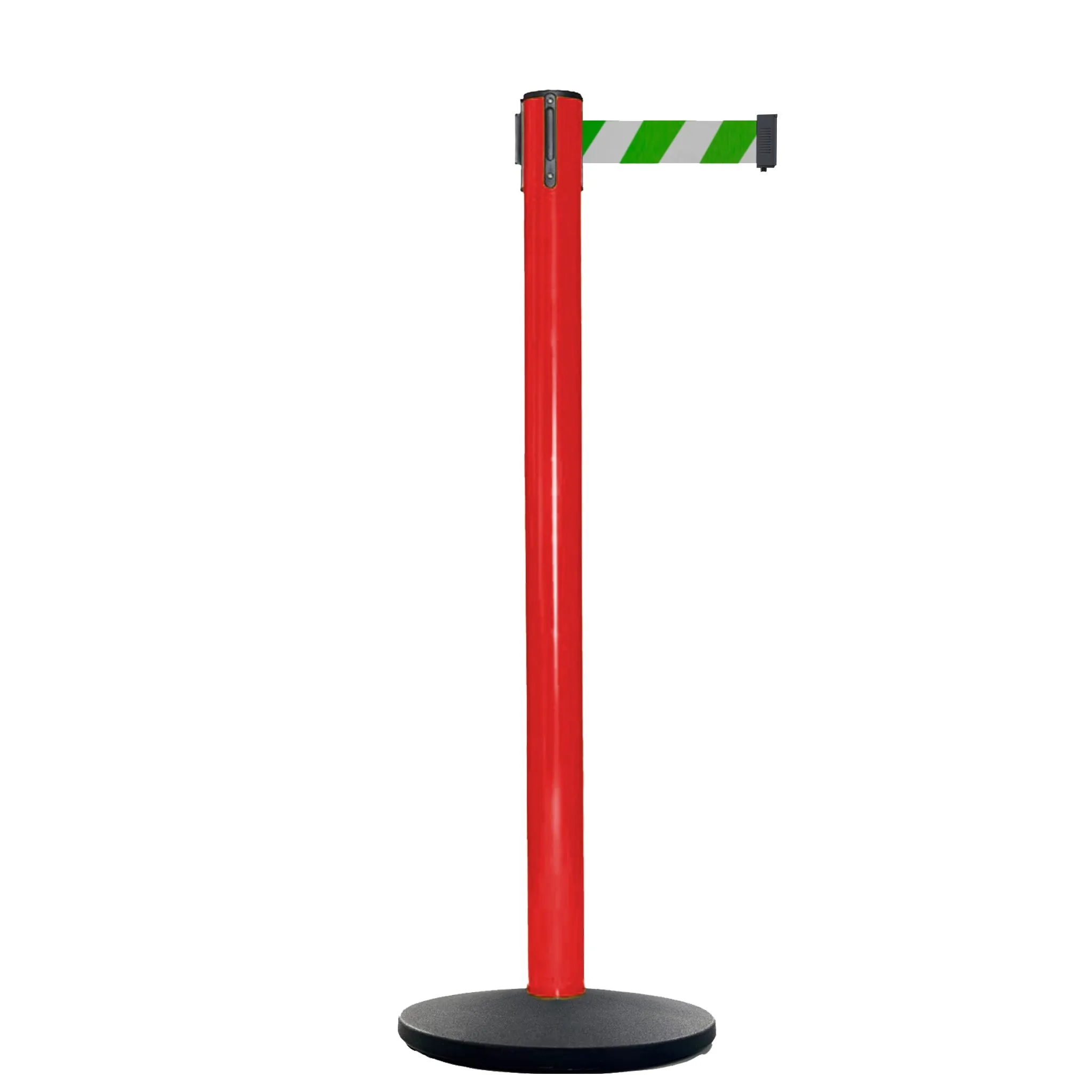 Retractable Belt Barrier Stanchion, Red Post, Cast Iron Base, 13 Ft. Belt - Montour Line MSI630