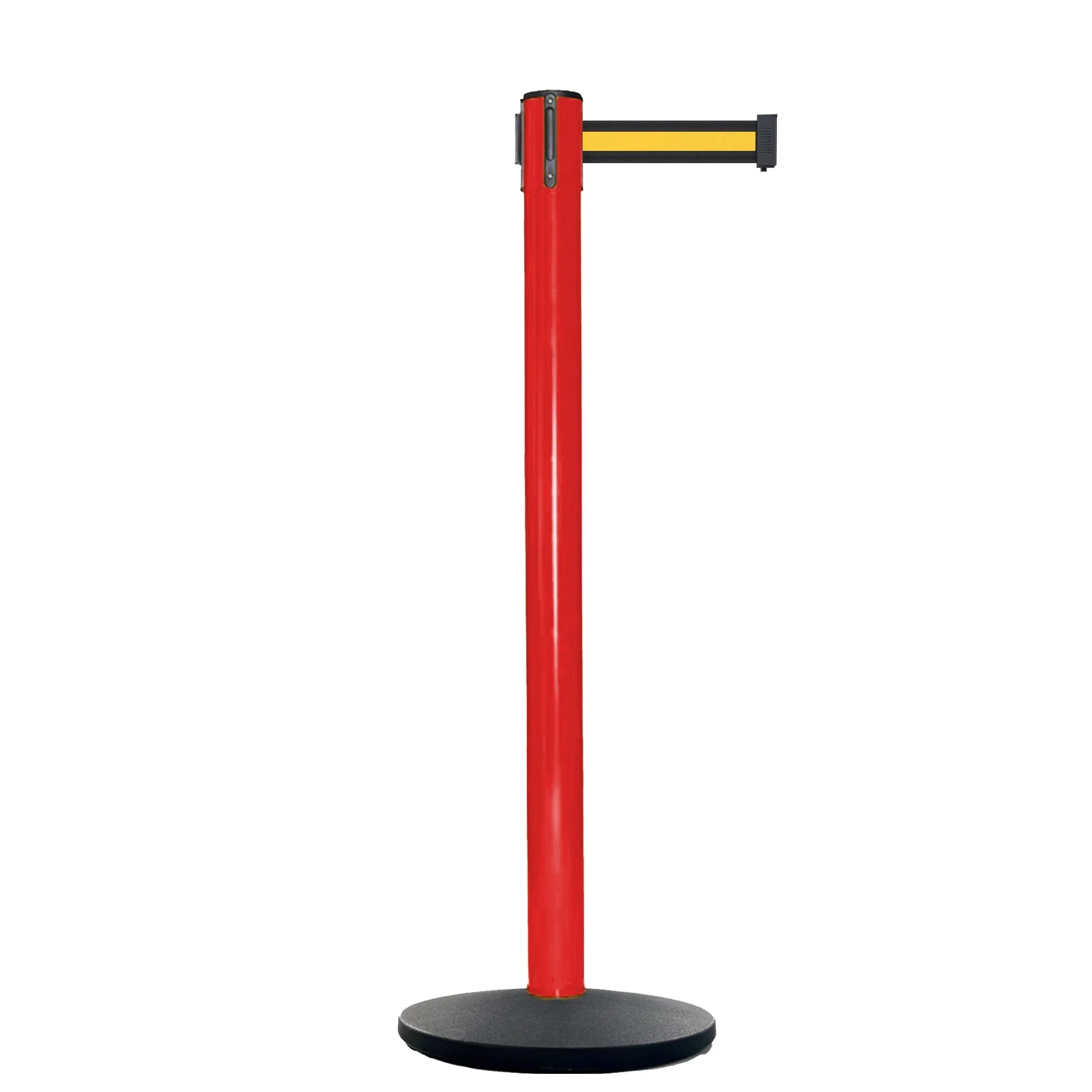 Retractable Belt Barrier Stanchion, Red Post, Cast Iron Base, 13 Ft. Belt - Montour Line MSI630