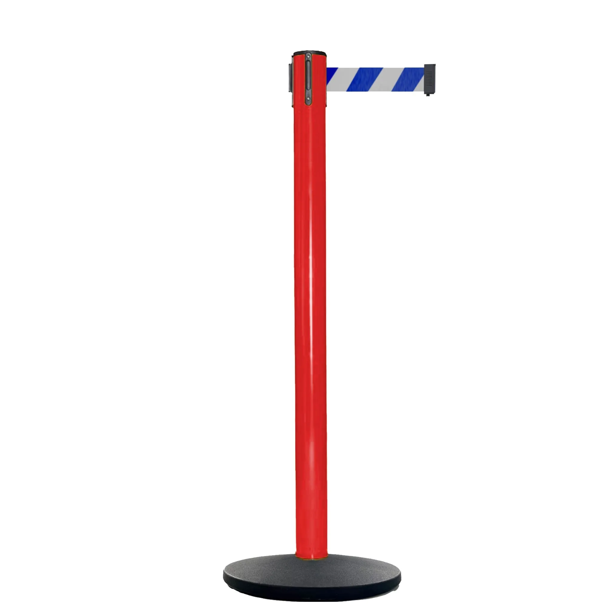 Retractable Belt Barrier Stanchion, Red Post, Cast Iron Base, 13 Ft. Belt - Montour Line MSI630