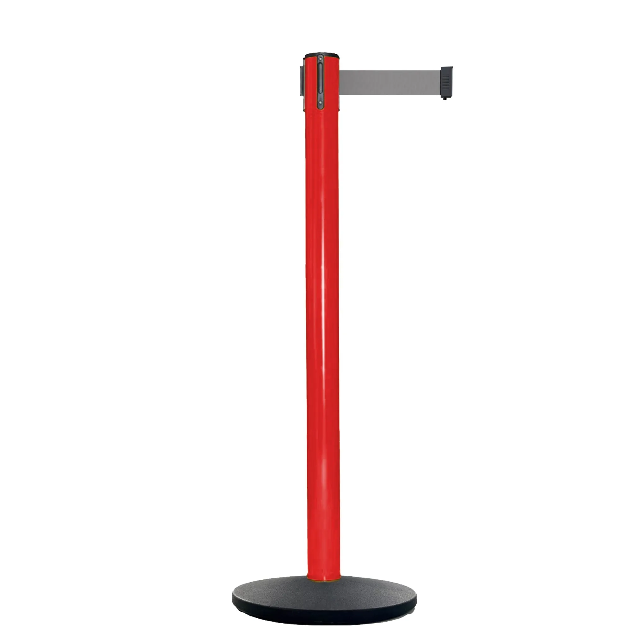 Retractable Belt Barrier Stanchion, Red Post, Cast Iron Base, 13 Ft. Belt - Montour Line MSI630