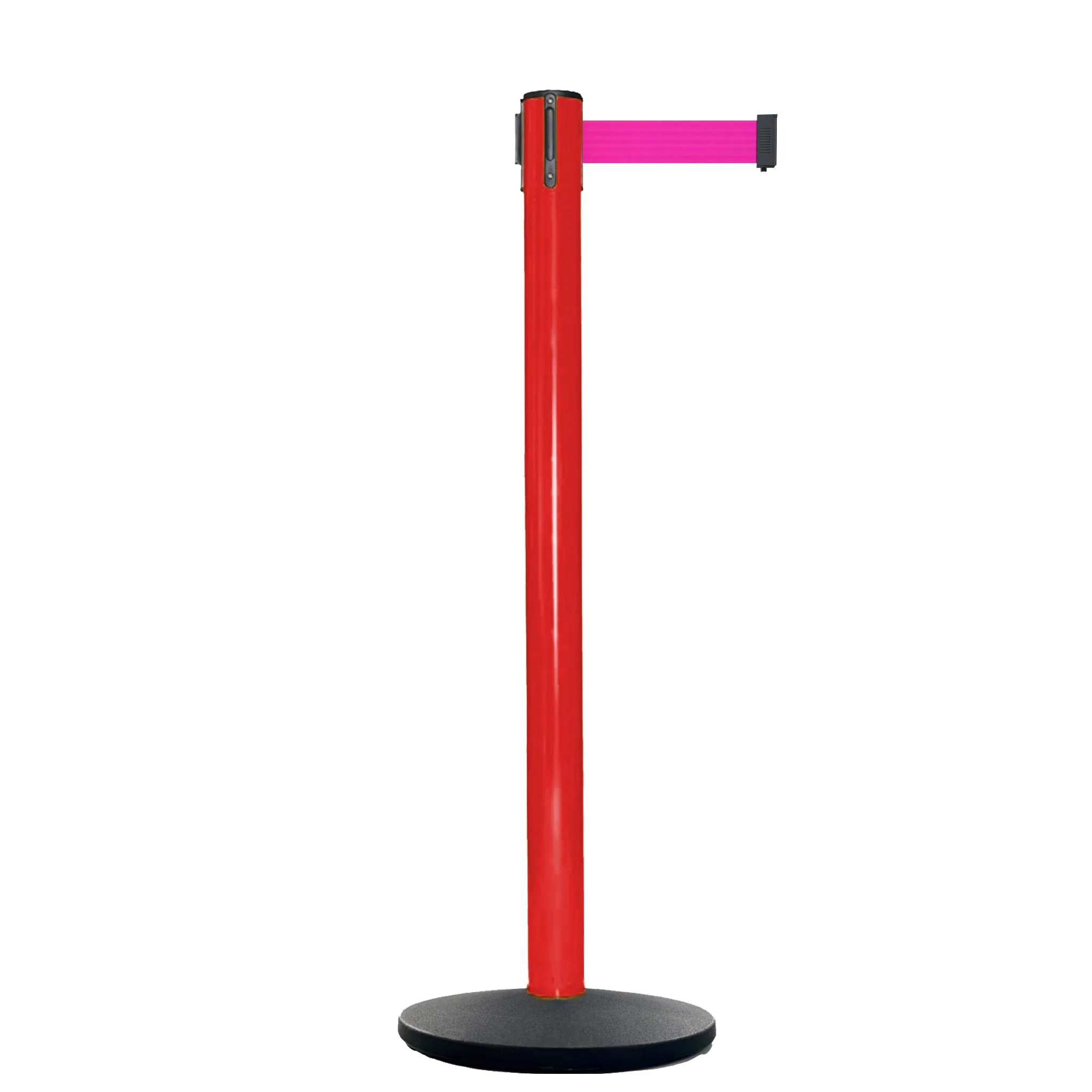 Retractable Belt Barrier Stanchion, Red Post, Cast Iron Base, 13 Ft. Belt - Montour Line MSI630
