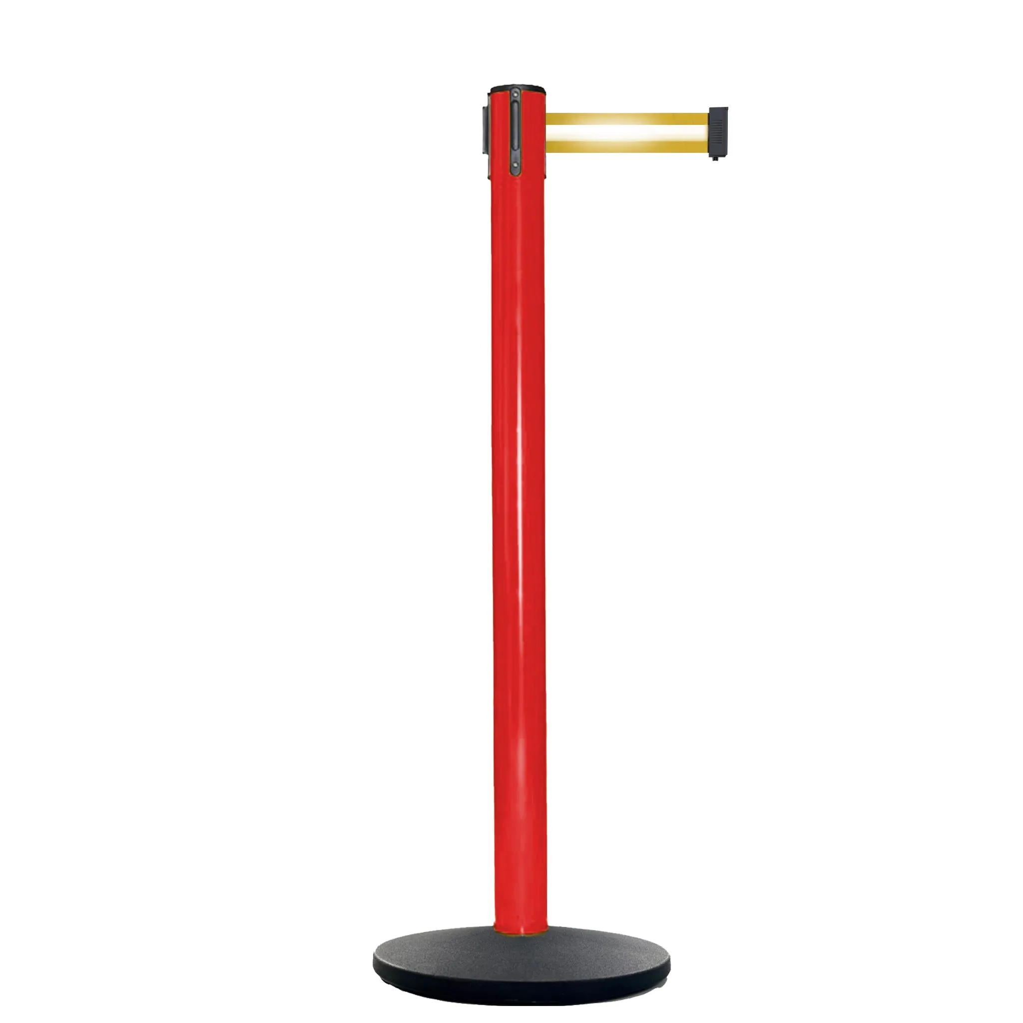 Retractable Belt Barrier Stanchion, Red Post, Cast Iron Base, 13 Ft. Belt - Montour Line MSI630