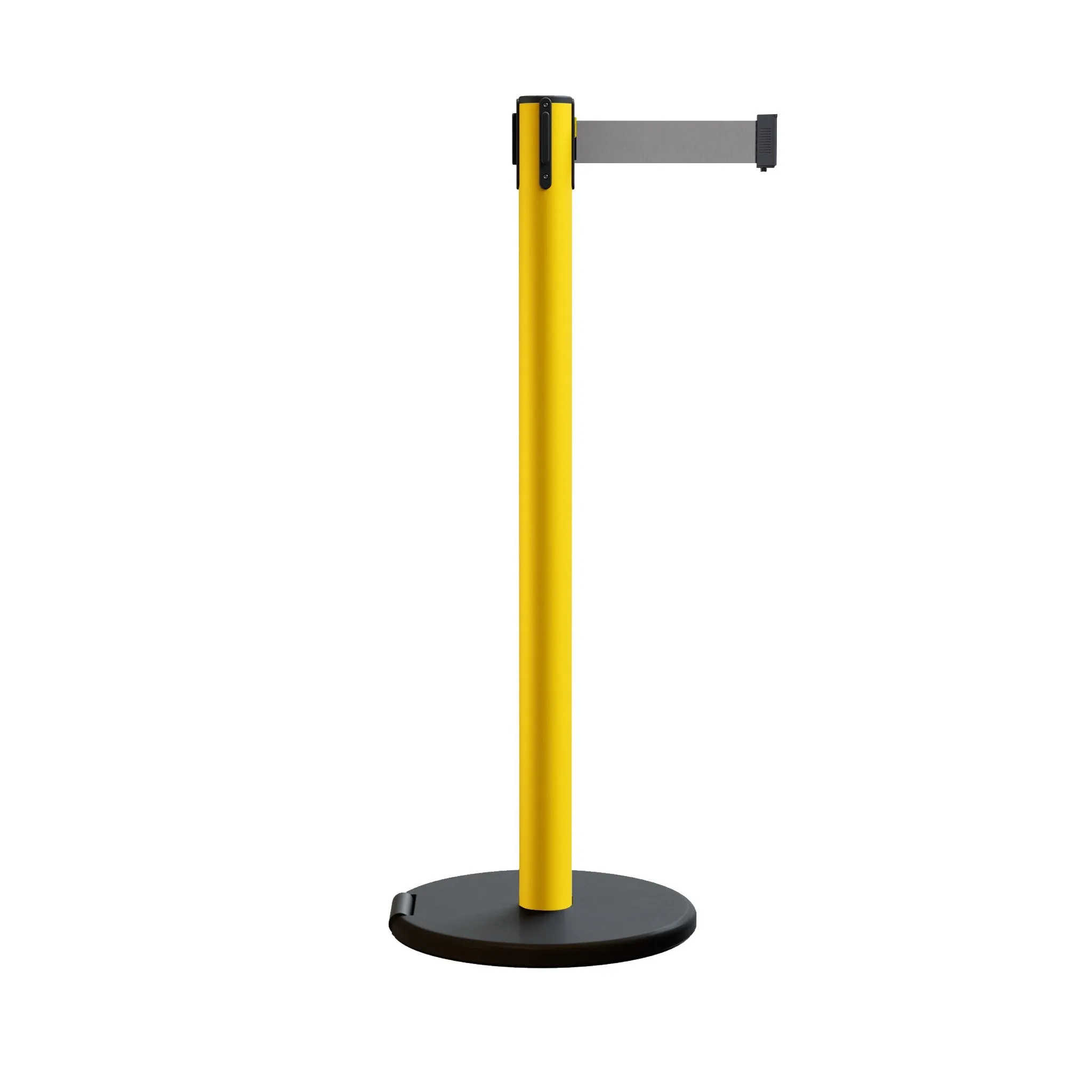 Retractable Belt Barrier Stanchion, Rolling Base, Yellow Steel Post, 7.5 ft Belt - Montour Line MSE630