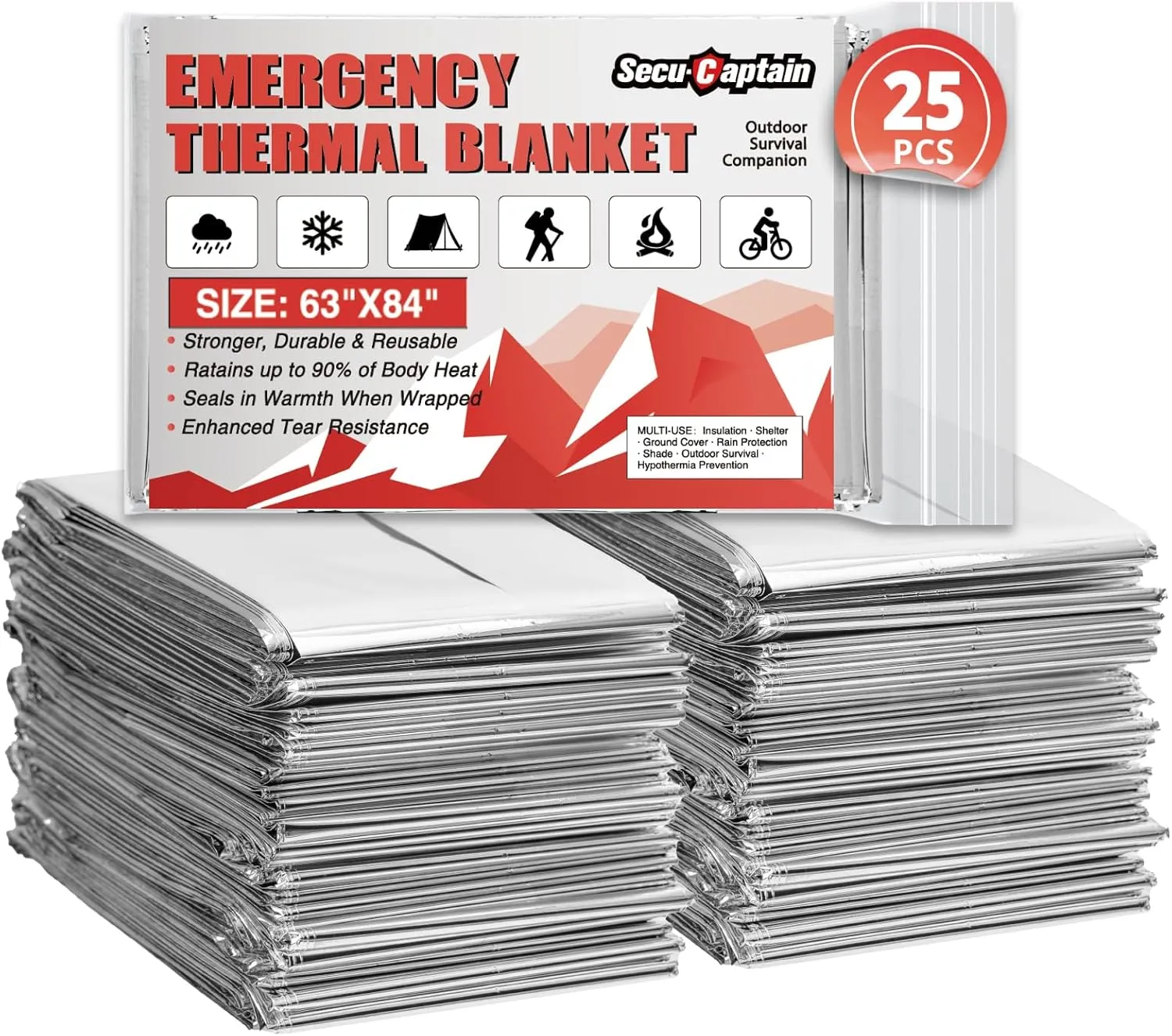 SecuCaptain Survival Emergency Thermal Blankets: Extra Large 84 x63 Space Mylar Blanket Kit for Outdoor Cold Winter Camping Hiking Car Bug Out Bag or First Aid - 25 Pack
