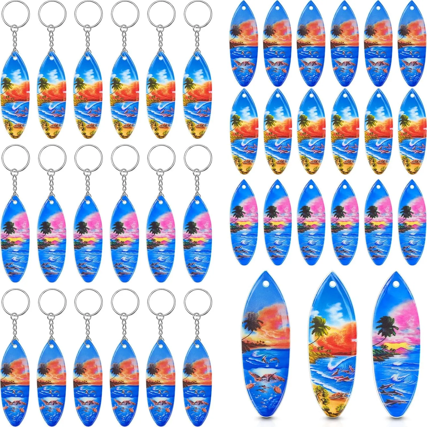 Taiyin 24 Pack Surfboard Keychains PVC Surfboard Backpack Keychain with Beach Coconut Tree Patterns for Backpack Purse Luggage Luau Beach and Pool Parties Surf Party Supplies