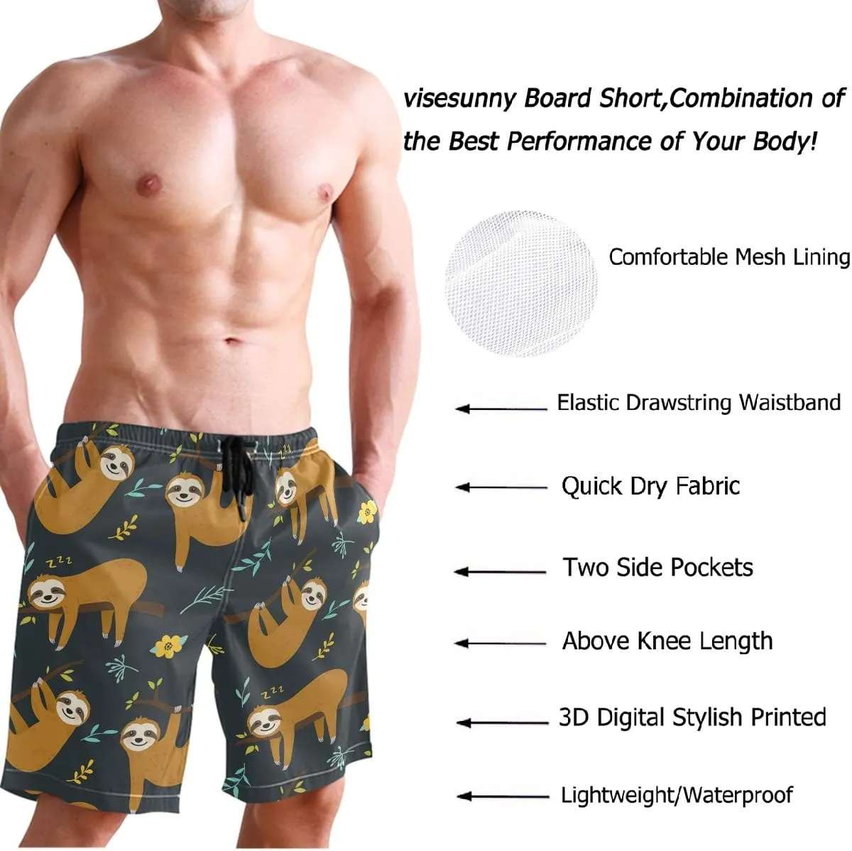 visesunny Hawaiian Men's Summer Beach Shorts Swim Trunks Sports Running Bathing Suits with Mesh Lining
