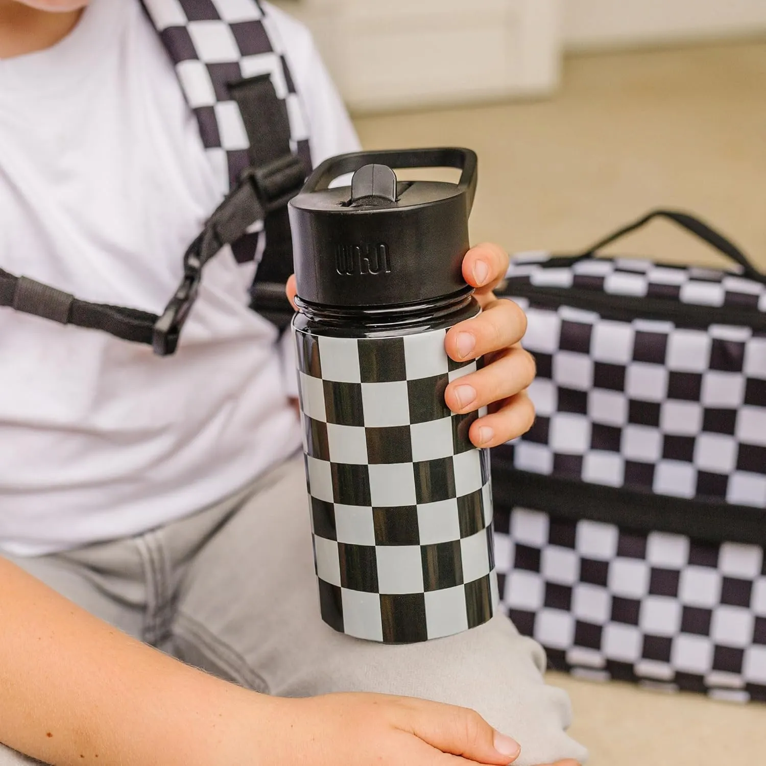 Wildkin Kids 14oz Stainless Steel Water Bottle  BPA-Free, Leakproof, Insulated, Easy-Clean - Black and White Checkered
