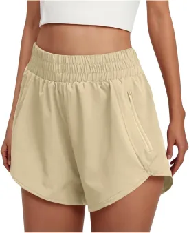 Women's Athletic Shorts High Waisted Running Solid Shorts with Zip Pocket Side Split Short Gym Elastic Workout Pants