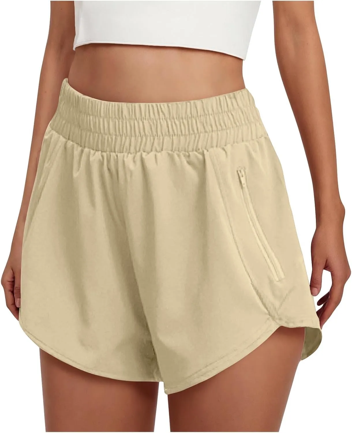 Women's Athletic Shorts High Waisted Running Solid Shorts with Zip Pocket Side Split Short Gym Elastic Workout Pants