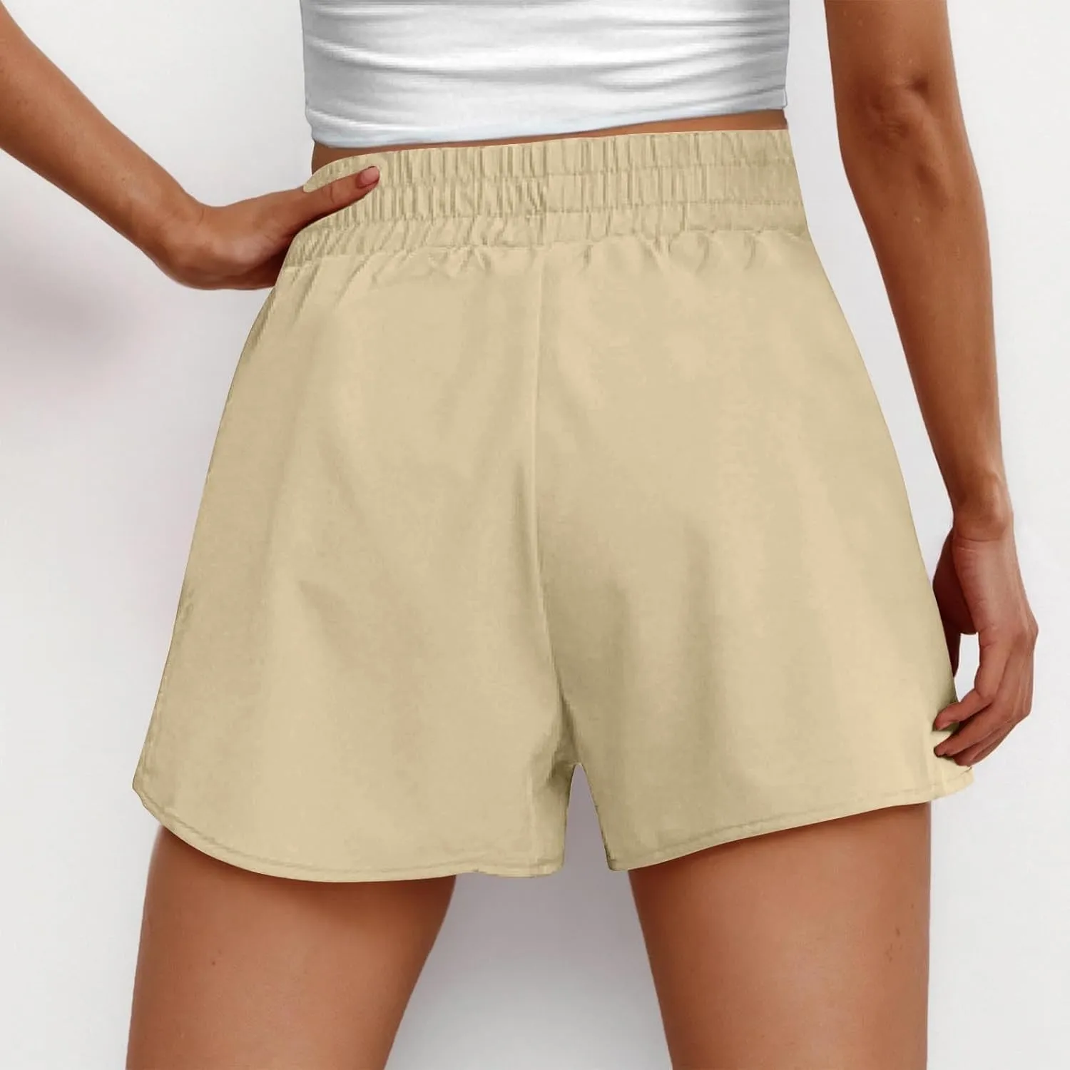 Women's Athletic Shorts High Waisted Running Solid Shorts with Zip Pocket Side Split Short Gym Elastic Workout Pants