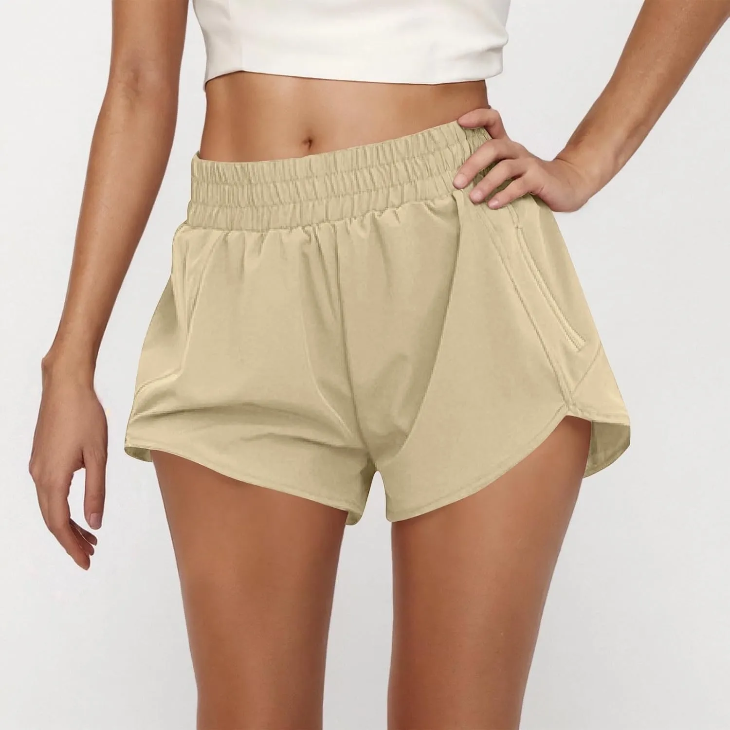 Women's Athletic Shorts High Waisted Running Solid Shorts with Zip Pocket Side Split Short Gym Elastic Workout Pants