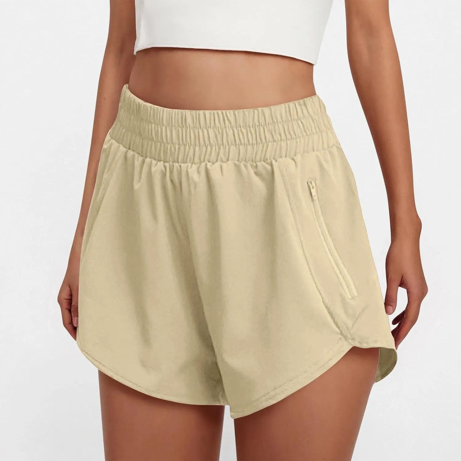 Women's Athletic Shorts High Waisted Running Solid Shorts with Zip Pocket Side Split Short Gym Elastic Workout Pants